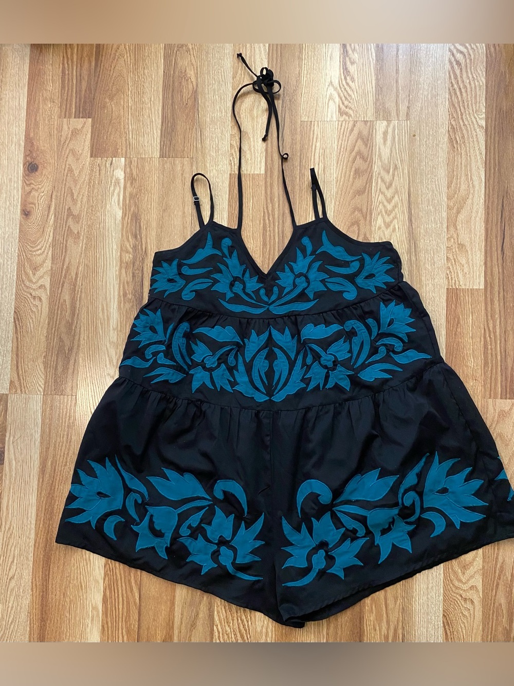 Free People Black Camisole Romper with Teal Floral Embroidery Size Medium